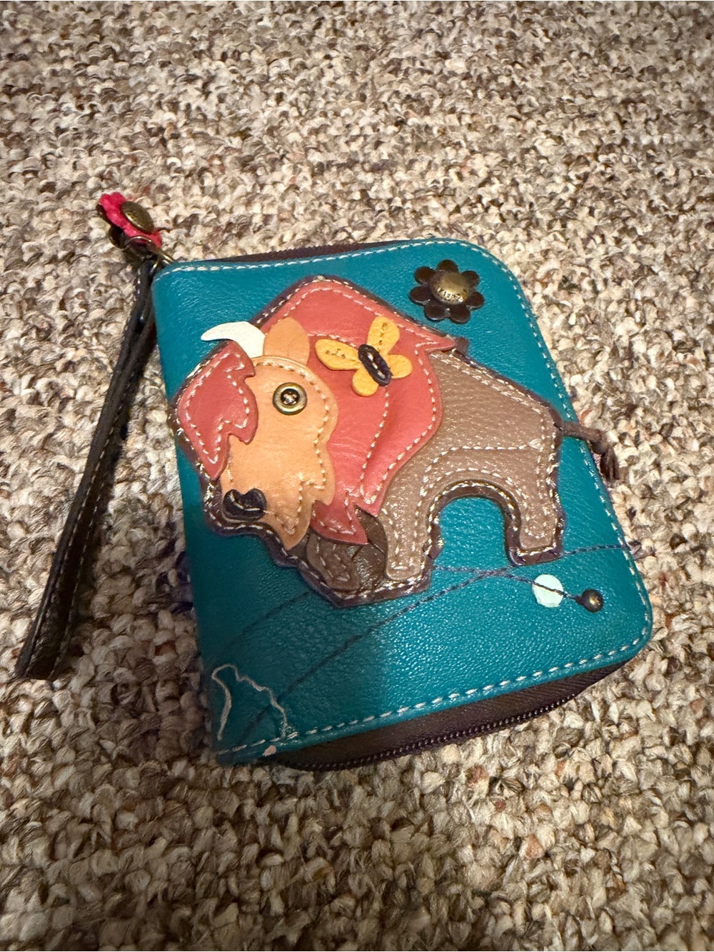 Vintage CHALA - Teal Zip Wallet with Colorful Buffalo Applique